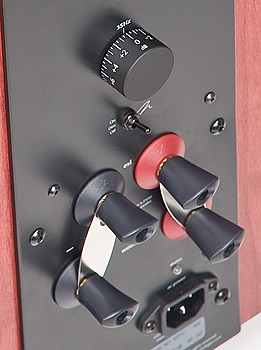 Spire backplate showing the 35Hz level control and bi-wire binding posts.